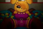 animatronic anthro armwear ball_pit belt black_eyes bonfie_(cryptiacurves) bottomwear bow_tie buckteeth clothed clothing elbow_gloves eyeshadow female five_nights_at_freddy's five_nights_at_freddy's:_fazbear_frights gloves hair hair_over_eye handwear hi_res hotpants into_the_pit lagomorph legwear leporid looking_at_viewer lying machine makeup mammal moopsart on_back one_eye_obstructed overalls presenting public pupils rabbit robot scottgames shorts solo spring_bonnie_(fnaf) star star_accessory star_hair_accessory teeth thigh_highs white_pupils