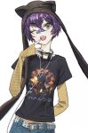  1girl :d ;d absurdres animal_ear_headwear animal_ears arm_behind_back armor assault_visor bandaid bandaid_on_face bandaid_on_nose beanie belt black_choker black_hat black_shirt blue_pants cable character_name choker combat_helmet commentary copyright_name disc dotr_art dual_wielding dvd_(object) earflap_beanie fake_animal_ears fingernails fire green_armor green_helmet grey_eyes gun hair_between_eyes hair_ornament halo_(series) halo_2 hand_on_own_face hat headphones headphones_around_neck heart heart_choker helmet highres holding holding_gun holding_weapon indie_virtual_youtuber jean_faymas_(vtuber) kirby kirby_(series) kneeling layered_shirt layered_sleeves logo long_sleeves m7 master_chief midriff_peek one_eye_closed open_mouth orange_assault_visor pants power_armor print_bandaid print_shirt purple_hair sangheili science_fiction shirt short_hair short_over_long_sleeves short_sleeves sidelocks simple_background smile solo standing star_(symbol) striped_clothes striped_shirt submachine_gun t-shirt teeth type-1_energy_sword untranslatable_commentary upper_body upper_teeth_only v-shaped_eyebrows vershion virtual_youtuber weapon white_background white_belt x_hair_ornament xbox_logo y2k_fashion yellow_shirt 