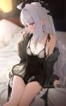  1girl absurdres ahoge bare_legs bed bedroom black_halo black_horns black_wings blue_archive blue_negligee blurry blurry_background blush breasts commentary_request cowboy_shot demon_girl demon_horns demon_wings halo highres hina_(blue_archive) horns k2_(jack_lin) long_hair looking_at_viewer looking_at_watch low_wings multiple_horns negligee on_bed pajamas parted_bangs pillow purple_eyes purple_halo purple_wings sitting small_breasts solo thighs very_long_hair white_hair wings 