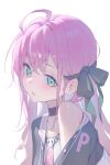  1girl absurdres ahoge black_choker black_ribbon blush check_copyright choker closed_mouth collarbone commentary copyright_request english_commentary green_eyes hair_ribbon highres jaeyun5407 long_hair looking_at_viewer necktie original pink_hair pink_necktie ribbon simple_background single_bare_shoulder solo upper_body white_background 