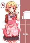  1girl apron black_skirt blonde_hair blush bow braid closed_mouth commentary_request cooking_pot cowboy_shot frilled_apron frilled_sleeves frills frown green_eyes half_up_braid highres holding holding_ladle kanzakietc ladle looking_at_viewer mizuhashi_parsee one-hour_drawing_challenge pink_apron pleated_skirt pointy_ears polka_dot polka_dot_apron red_bow short_hair short_sleeves skirt solo spoken_squiggle squiggle touhou 