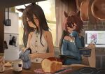  2girls :d absurdres agnes_tachyon_(umamusume) alternate_costume animal_ears araca_ra black_hair book bread bread_knife buttons can chair coffee_maker coffee_mug commentary cup daiwa_scarlet_(umamusume) drink_can energy_drink english_commentary food frying_pan hair_between_eyes highres holding holding_book holding_can horse_ears horse_girl indoors kitchen knife loaf_of_bread long_bangs long_hair manhattan_cafe_(umamusume) meta moka_pot monitor mug multiple_girls plate red_eyes refrigerator shirt side_ponytail sitting sleeveless sleeveless_shirt sleeves_past_wrists smile spatula stove sunlight umamusume white_shirt window yellow_eyes youtube 