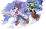  ahoge black_hair blonde_hair blue_eyes bow broom broom_riding collaboration flying green_eyes grin hair_bow hirokazu looking_at_viewer matsuda_(matsukichi) multiple_girls oekaki original pantyhose short_hair sidesaddle smile 