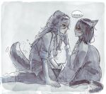  ... 2girls animal_ears blush cat_ears cat_girl cat_tail commentary dog_ears dog_girl dog_tail english_commentary grabbing_another's_tongue greyscale highres kemonomimi_mode long_hair miyagi_shiori monochrome multiple_girls pearguin19 sendai_hazuki shirt shuuniichido_classmate_wo_kau_hanashi spoken_ellipsis straddling sweatdrop tail tail_wagging tongue tongue_out yuri 