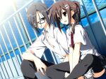  1boy 1girl 2000s_(style) black_thighhighs book brown_eyes brown_hair chain-link_fence collared_shirt earrings fence frilled_skirt frills game_asset hair_between_eyes hands_on_own_legs holding holding_book indian_style jewelry kagome_(traumatize) kita_high_school_uniform_(subarashiki_hibi) long_hair_between_eyes looking_at_another minakami_yuki necktie non-web_source official_art open_mouth school_uniform self-datamine shirt short_sleeves sitting skirt subarashiki_hibi sweatdrop thighhighs variant_set visual_novel_cg white_shirt yuuki_tomosane 