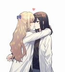  2girls arms_around_neck black_shirt blonde_hair blue_bow blush bow brown_hair claire_francois closed_eyes coat commentary_request cowboy_shot face-to-face facing_another grey_eyes hair_between_eyes hair_bow heart kiss lab_coat lapels long_hair long_sleeves looking_at_another medium_hair multiple_girls open_clothes open_coat parted_bangs rae_taylor shirt simple_background watashi_no_oshi_wa_akuyaku_reijou white_background white_coat xunyu_(manyu) yuri 