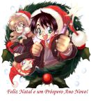  black_hair blue_eyes brown_hair child christmas glasses green_eyes grey_skirt happy_new_year harry_potter harry_potter_(series) hat hermione_granger hogwarts_school_uniform holding holding_wand lince merry_christmas necktie open_mouth orange_hair ron_weasley santa_hat scar school_uniform shirt simple_background skirt wand white_shirt wizarding_world 