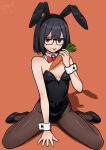  1girl absurdres animal_ear_hairband animal_ears black-framed_eyewear black_hair black_leotard black_pantyhose bow bowtie breasts carrot detached_collar fake_animal_ears glasses hairband highres leotard mr.j.and_(artist) ms.j.and orange_background original pantyhose playboy_bunny rabbit_ears red_bow red_bowtie red_eyes scp_foundation short_hair sitting small_breasts solo strapless strapless_leotard tongue tongue_out wariza wrist_cuffs 