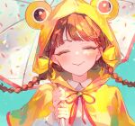  1girl absurdres animal_hood aqua_background bow braid braided_twintails brown_hair closed_eyes closed_mouth commentary_request furrowed_brow hair_bow hands_up highres holding holding_umbrella hood light_blush long_hair long_sleeves multiple_hair_bows nazuna_(nazuna_su) original rain_poncho red_ribbon red_trim ribbon shirt simple_background smile solo sprinkle_print twitter_username umbrella upper_body white_shirt yellow_bow yellow_poncho 