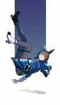  1girl absurdres admire_vega_(starry_nocturne)_(umamusume) admire_vega_(umamusume) animal_ears asymmetrical_footwear blue_capelet blue_dress blush bodice breasts brown_hair capelet closed_mouth commentary dress ear_covers gloves grey_pantyhose hair_between_eyes highres hissinikaiteru horse_ears horse_girl horse_tail legs_up long_hair long_sleeves low_ponytail mismatched_footwear pantyhose ponytail purple_eyes single_ear_cover solo tail umamusume untranslatable_commentary 