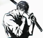  1boy black_hair empty_eyes from_side greyscale hand_up hatching_(texture) highres holding holding_sword holding_weapon jacket jujutsu_kaisen katana looking_ahead monochrome okkotsu_yuta short_hair sketch slouching solo sword upper_body weapon zeiame 