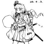  1girl backpack bag blush bowl chenwei_jun chicken_(food) chinese_commentary chips_(food) commentary_request dated falling_petals food fried_chicken greyscale hairband highres kfc konpaku_youmu konpaku_youmu_(ghost) light_frown monochrome open_bag petals plastic_bag pleated_skirt scabbard sheath shirt shopping_bag short_hair short_sleeves sketch skirt solo sword touhou walking weapon white_background 