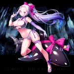 1girl absurdres bikini blue_hair bracelet breasts cleavage clothing_cutout commentary_request crop_top ear_piercing eden's_ritter_grenze elbow_gloves gloves gradient_hair highres jewelry large_breasts long_hair looking_at_viewer multicolored_hair navel piercing ponytail purple_eyes purple_hair purple_nails sakuya_tsuitachi shark side-tie_bikini_bottom single_elbow_glove skindentation solo swimsuit thigh_strap underboob_cutout 