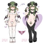  1girl absurdres animal_ears bikini blush breasts commentary demon_girl demon_wings female_pubic_hair frown fur_bikini fur_thighhighs goat_ears green_eyes green_hair hair_down heart heart_tattoo highres hooves horns igarashi_futaba looking_at_viewer medium_hair panqlao petite pubic_hair pubic_tattoo senpai_ga_uzai_kouhai_no_hanashi side-tie_bikini_bottom slit_pupils small_breasts smile succubus_(disgaea) swimsuit tattoo thighhighs white_bikini wings 