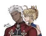  1boy 1girl archer_(fate) artist_name artoria_pendragon_(fate) artoria_pendragon_(lancer)_(fate) bare_shoulders blonde_hair breasts cleavage coat colored_eyelashes commentary crown dark-skinned_male dark_skin english_commentary fate/grand_order fate_(series) green_eyes hair_slicked_back red_coat short_hair signature simple_background song_yuzin spiked_hair twitter_username white_background white_hair 