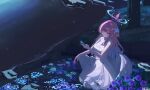  1girl absurdres angel_wings artist_name blue_archive blue_hair bow breasts bug butterfly butterfly_on_hand closed_mouth dress feathered_wings flower full_body gradient_hair gradient_halo grass hair_bun hair_ornament halo highres kneeling long_hair looking_at_viewer low_wings medium_breasts mika_(blue_archive) multicolored_hair multicolored_halo night outdoors pantyhose pink_hair purple_flower re12x scenery single_side_bun sleeveless sleeveless_dress smile solo tree water white_pantyhose white_wings wings yellow_eyes 