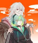  2boys aqua_hair black_collar black_nails black_shirt brown_jacket cigarette collar collar_chain_(jewelry) gradient_background green_hair headphones holding holding_cigarette hood hood_down jacket kaida_shion long_hair long_sleeves male_focus mikoshiba_kenta multicolored_hair multiple_boys nail_polish non-web_source orange_background paradox_live red_eyes seductive_smile shirt short_hair smile two-tone_hair white_hair white_shirt yellow_eyes 