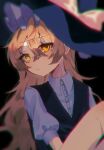 1girl black_background black_vest blonde_hair blush closed_mouth collared_shirt commentary expressionless hair_between_eyes hat hat_ribbon highres kirisame_marisa knee_up ribbon samma1085 shirt short_sleeves sitting solo touhou vest white_shirt witch_hat yellow_eyes 