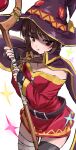  1girl :t artist_name asymmetrical_legwear bandaged_leg bandages belt black_collar blush brown_hair cape closed_mouth collar commentary_request cowboy_shot cross-laced_clothes cross-laced_dress dress fingerless_gloves flat_chest from_above gloves hat highres holding holding_staff kono_subarashii_sekai_ni_shukufuku_wo! looking_at_viewer looking_up mage_staff megumin mismatched_legwear off-shoulder_dress off_shoulder pout red_dress red_eyes short_dress short_hair_with_long_locks sidelocks simple_background single_thighhigh solo sparkle staff tearing_up thighhighs thinto00 white_background witch_hat zettai_ryouiki 