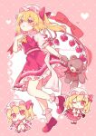  1girl alternate_wings ascot back_bow blonde_hair bow chibi chibi_inset closed_mouth collared_shirt commentary_request flandre_scarlet frilled_shirt_collar frilled_skirt frills full_body hat hat_bow holding holding_stuffed_toy holding_weapon laevatein_(touhou) looking_at_viewer mary_janes mob_cap multiple_views one_eye_closed one_side_up puffy_short_sleeves puffy_sleeves red_bow red_eyes red_shoes red_skirt red_vest ruhika shirt shoes short_sleeves skirt skirt_set smile socks stuffed_animal stuffed_toy teddy_bear tongue tongue_out touhou vest weapon white_bow white_hat white_shirt white_socks wings yellow_ascot 