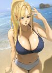 1girl bare_shoulders beach blonde_hair blue_eyes blue_nails blurry blurry_background blush breasts cleavage clenched_hand commentary_request darkness_(konosuba) earrings halterneck high_ponytail highres izawa_(bhive003) jewelry kono_subarashii_sekai_ni_shukufuku_wo! large_breasts long_hair navel open_mouth outdoors ponytail sand shore sky solo stud_earrings water 