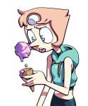  1girl alternate_costume blue_eyes crop_top discount-supervillain food forehead_jewel furrowed_brow gem gem_(steven_universe) holding ice_cream ice_cream_cone messy_eater pale_skin pearl pearl_(steven_universe) pointy_nose short_hair solo steven_universe tongue tongue_out transparent_background 