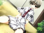  1boy 2000s_(style) blush collared_shirt cross cross_print crossdressing crossdressing_(mtf) crown_print day dutch_angle frilled_skirt frills frown game_asset kagome_(traumatize) kita_high_school_uniform_(subarashiki_hibi) looking_at_viewer male_focus mamiya_takuji necktie non-web_source official_art on_ground outdoors print_capelet print_necktie raised_inner_eyebrows school_uniform self-datamine shirt sitting skirt subarashiki_hibi tearing_up variant_set visual_novel_cg wariza white_shirt white_skirt 