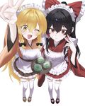  2girls :d absurdres alternate_costume apron black_bow blonde_hair blush bow braid brown_hair closed_mouth commentary_request cup fang frilled_bow frilled_hair_tubes frills hair_bow hair_tubes hakurei_reimu highres holding holding_tray japanese_clothes kimono kirisame_marisa kokonut_gag korean_commentary long_hair long_sleeves looking_at_viewer maid maid_apron maid_headdress mary_janes missing_headwear multiple_girls orange_kimono orange_shoes red_bow red_eyes red_kimono red_shoes shoes side_braid simple_background smile steam sweatdrop tea teacup teapot thighhighs touhou tray twin_braids v very_long_hair wa_maid white_apron white_background white_thighhighs wide_sleeves yellow_eyes 