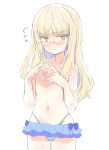  1girl absurdres aohashi_ame blonde_hair blush breasts commentary_request covering_nipples covering_privates cowboy_shot glasses heart heart_hands highres linea_alba long_hair looking_at_viewer multicolored_hair navel perrine_h._clostermann simple_background small_breasts solo standing stomach streaked_hair strike_witches topless_female translation_request white_background world_witches_series yellow_eyes 