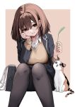  1girl absurdres animal bag black_jacket black_pantyhose black_skirt blazer blunt_bangs bob_cut breasts brown_eyes brown_hair brown_sweater cat collared_shirt commentary dress_shirt facing_viewer feet_out_of_frame foxtail hand_on_own_cheek hand_on_own_face head_rest highres holding holding_plant invisible_chair jacket large_breasts long_sleeves looking_at_animal minato_yu miniskirt original outside_border pantyhose plant pleated_skirt raised_eyebrows school_bag school_uniform shirt short_hair sidelocks sitting skirt solo sweater untranslatable_commentary unworn_bag white_shirt 