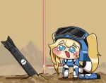  1girl absurdres all_fours black_gloves blonde_hair blush_stickers chibi chibi_only crying crying_with_eyes_open eagle_500kg_bomb_stratagem_(helldivers) gloves goggles goggles_on_head helldivers_(series) highres long_sleeves meme open_mouth seaf_soldier_(helldivers) speakiposting_(meme) stratagem_(helldivers) tagme tears the_sourkraut trickcal wavy_eyes 
