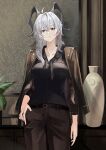  1girl absurdres alternate_costume black_horns black_shirt breasts brown_jacket brown_pants commentary curled_horns earrings highres horns indoors jacket jacket_on_shoulders jewelry key_earrings large_breasts long_hair looking_at_viewer necktie pants parted_lips red_eyes shirt shuuka solo tail undone_necktie wuthering_waves zani_(wuthering_waves) 