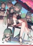  4girls absurdres animal_ear_fluff animal_ears bikini black_bikini black_hairband black_sandals black_sleeves blue_eyes blue_hair blush breasts brown_hair chair chibi chibi_inset closed_eyes cropped_legs crossed_legs cup detached_sleeves frilled_bikini frilled_hairband frills green_hair hair_between_eyes hairband highres holding holding_cup holding_hands large_breasts long_hair mirae283 multiple_girls on_chair original outdoors pointy_ears red_eyes red_umbrella sandals sidelocks sitting swimsuit umbrella under_umbrella 