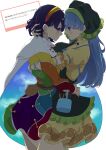  2girls absurdres apron arm_ribbon blue_hair blue_ribbon cape commentary_request dress eye_contact fan_request green_apron green_headscarf hairband haniyasushin_keiki headscarf highres hug jewelry long_hair long_sleeves looking_at_another magatama magatama_necklace marshmallow_(site) multicolored_dress multicolored_hairband multiple_girls necklace object_in_pocket patchwork_clothes pink_eyes pocket puffy_short_sleeves puffy_sleeves rainbow_gradient rainbow_hairband red_eyes request_inset ribbon short_sleeves single_strap sky_print suriburi06 tenkyuu_chimata tools touhou translation_request two-sided_cape two-sided_fabric white_cape yellow_dress yuri 