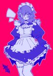  10qi 1girl apron ascot blush broken_eyewear buttons dress english_commentary eyes_visible_through_hair fang fork frilled_dress frills highres juliet_sleeves long_sleeves maid maid_apron maid_headdress medium_hair open_mouth original partially_colored puffy_sleeves red_background round_eyewear semi-rimless_eyewear sidelocks simple_background skull_brooch smile solo stitches thick_eyebrows zombie 