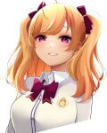  1girl absurdres arms_at_sides blonde_hair blush bow bowtie breasts buttons cardigan collared_shirt commentary_request cropped_torso dress_shirt emblem grey_cardigan grin hair_ribbon highres large_breasts long_hair minato_yu nijisanji official_alternate_costume official_alternate_hairstyle red_bow red_bowtie red_eyes red_ribbon ribbon school_uniform shirt simple_background smile solo swept_bangs takamiya_rion takamiya_rion_(6th_costume) twintails upper_body virtual_youtuber white_background white_shirt 