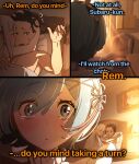  1boy 2girls absurdres blue_hair blush cuck_chair_(meme) emilia_(re:zero) english_text hair_ornament highres implied_sex long_hair mayngomay meme multiple_girls natsuki_subaru puck_(re:zero) re:zero_kara_hajimeru_isekai_seikatsu rem_(re:zero) short_hair tagme tears under_covers white_hair 