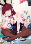  1girl absurdres alt_text animal_ear_hairband animal_ears asahi_breweries ashtray beer_can belt belt_collar between_breasts black_belt black_leotard black_pantyhose breasts brown_hair calendar_(object) can cellphone cesar_art456 chopsticks chromatic_aberration cigarette cigarette_pack clothes_between_breasts collar commentary detached_collar drink_can ear_piercing earrings elbow_rest english_commentary fake_animal_ears hairband hand_on_own_cheek hand_on_own_face head_rest heart highleg highleg_leotard highres indian_style indoors instant_cup_noodles instant_noodles jewelry large_breasts leotard light_blush looking_at_viewer loose_necktie mouth_hold necktie necktie_between_breasts no_shoes no_smoking pantyhose phone piercing pillow playboy_bunny polaroid_photo rabbit_ear_hairband rabbit_ears red_eyes red_necktie sasaki_(super_no_ura_de_yani_suu_futari) seamed_legwear short_necktie side-seamed_legwear sitting smartphone smoke smoke_trail smoking solo spoken_heart sticky_note strapless strapless_leotard super_no_ura_de_yani_suu_futari sweat swept_bangs tayama_(super_no_ura_de_yani_suu_futari) twitter_username wrist_cuffs 