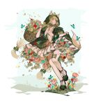  1girl animal_ears ankle_strap artist_name basket blue_butterfly blue_flower blush bow braid braided_sidelocks breasts brown_hair bug butterfly chain classic_lolita cleavage clover clover_hair_ornament collared_dress corset dress dress_bow flower flower_basket four-leaf_clover fox_ears fox_girl fox_tail frilled_dress frills gem gold_chain grass green_bow green_dress green_eyes green_hood green_shoes hair_bow hair_ornament highres holding holding_basket holding_flower holding_own_dress hood hood_up layered_dress layered_sleeves leaf littlebluemuffin lolita_fashion long_hair long_sleeves looking_to_the_side multiple_hair_bows open_mouth original petals pink_flower pink_rose puffy_short_sleeves puffy_sleeves red_flower red_rose rose shoes short_sleeves sidelocks sleeve_bow smile standing standing_on_one_leg striped_clothes striped_thighhighs tail thighhighs tiara vertical-striped_clothes vertical-striped_thighhighs very_long_hair watermark white_background white_thighhighs wicker_basket yellow_flower yellow_gem 