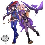  2girls bare_shoulders black_bow black_gloves black_hair black_leotard black_sleeves blonde_hair blue_hat blue_leotard blue_sleeves blue_thighhighs bow bowtie breasts brown_sleeves brown_thighhighs commentary_request eyepatch fischl_(genshin_impact) genshin_impact gloves green_eyes hair_bow hair_over_one_eye hair_ribbon hat high_heels highres hiki_yuichi jewelry leotard long_hair medium_breasts mona_(genshin_impact) multiple_girls open_mouth oz_(genshin_impact) pantyhose purple_bow purple_bowtie ribbon single_glove sparkle_print thighhighs twintails witch_hat 