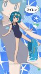  1girl absurdres bambi2000line barefoot blue_background blue_hair bright_pupils capri_pants closed_mouth commentary_request dot_mouth dot_nose floral_background goggles goggles_on_head highres lana_(pokemon) no_sclera one-piece_swimsuit open_mouth pants pokemon pokemon_(anime) pokemon_the_series:_sun_&amp;_moon solo speech_bubble swimsuit undressing wave_print white_pupils 