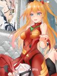  2girls :d blue_eyes bodysuit breasts chinese_commentary commentary_request copyright_name couch crossover fibonacci_no_usagi frederica_nikola_tesla highres honkai_(series) honkai_impact_3rd indoors long_hair looking_at_another lying mecha_pilot_suit medium_breasts multiple_girls necktie neon_genesis_evangelion on_back open_mouth orange_hair plugsuit_(evangelion) portrait_(object) red_bodysuit red_hair red_necktie shirt smile souryuu_asuka_langley white_shirt yuri 