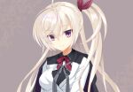 >:) 1girl aged_down akizuki_kanna black_cape black_shirt bow bowtie breasts brown_background cafe_stella_to_shinigami_no_chou cape closed_mouth collared_shirt commentary_request derivative_work eyes_visible_through_hair hair_between_eyes hair_ribbon highres jacket large_breasts long_hair long_sleeves looking_at_viewer one_side_up paruo_(pixiv_2223717) purple_eyes red_bow red_bowtie red_ribbon ribbon shirt sidelocks simple_background smile solo split_mouth upper_body v-shaped_eyebrows very_long_hair white_hair white_jacket 