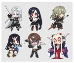  2boys 4girls angelo_(ff8) animal aranea_highwind belt bike_shorts bike_shorts_under_skirt black_coat black_gloves black_hair black_jacket black_materia black_pants black_shorts black_skirt black_thighhighs blue_cardigan blue_eyes blue_skirt blush boots brown_eyes brown_hair cardigan chibi chibi_only closed_mouth coat commentary_request crop_top ddb_000 dog dress facial_mark final_fantasy final_fantasy_vii final_fantasy_vii_remake final_fantasy_viii final_fantasy_xv full_body fur-trimmed_jacket fur_trim gloves green_eyes grey_hair highres holding holding_polearm holding_sword holding_weapon horns jacket korean_commentary long_hair looking_at_viewer low-tied_long_hair masamune_(ff7) materia miniskirt multiple_boys multiple_girls open_clothes open_jacket open_mouth pants polearm red_boots red_dress red_eyes rinoa_heartilly sephiroth short_hair shorts skirt squall_leonhart standing sword tank_top thighhighs tifa_lockhart ultimecia weapon white_hair white_tank_top yellow_eyes 