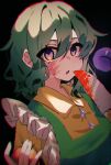  1girl :o apron blood blood_on_face commentary disembodied_linked_eye frills gradient_eyes green_apron green_hair hair_between_eyes highres holding holding_knife holding_tomato knife komeiji_koishi looking_at_viewer missing_headwear multicolored_eyes parted_lips purple_eyes samma1085 shirt solo tomato touhou yellow_shirt 