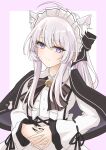  1girl absurdres ahoge animal_ear_fluff animal_ears apron bell black_capelet blush capelet cat_ears cat_girl center_frills closed_mouth collared_shirt commentary_request elaina_(majo_no_tabitabi) frilled_hairband frills hairband highres long_hair looking_at_viewer maid maid_apron maid_day maid_headdress majo_no_tabitabi nayuta_nayu19 neck_bell pink_background purple_eyes shirt smile solo upper_body white_apron white_background white_hair white_headdress white_shirt 