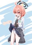  1girl 1other absurdres ahoge aqua_ribbon assisted_exposure averting_eyes black_halo blue_archive blue_background blue_skirt blush bow bow_panties braid cardigan cardigan_around_waist clenched_teeth clothes_around_waist clothes_lift collared_shirt commentary_request crotch_seam disembodied_hand ear_blush feet_out_of_frame floral_print flying_sweatdrops forced_exposure grey_cardigan hair_ornament hair_tie halo heart heart_ahoge highres kirisame0729 lifting_another's_clothes miniskirt neck_ribbon neru_(blue_archive) open_clothes open_shirt orange_hair outline panties pink_eyes pleated_skirt print_shirt ribbon school_uniform shirt short_hair_with_long_locks skirt skirt_lift solo_focus standing teeth undershirt underwear undone_neck_ribbon white_outline white_panties white_shirt 
