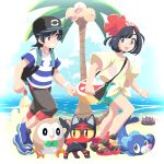  1boy 1girl :d alolan_exeggutor backpack bag baseball_cap beach black_hair black_hat black_shoes black_shorts blue_shoes day elio_(pokemon) green_shorts grin hat highres john_su litten looking_at_another ocean open_mouth outdoors palossand pokemon pokemon_(creature) pokemon_sun_and_moon popplio pyukumuku red_hat rowlet running selene_(pokemon) shirt shoes short_hair shorts shoulder_bag smile striped_clothes striped_shirt t-shirt tied_shirt yellow_shirt 