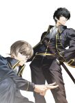  2boys black_hair black_jacket black_pants cigarette closed_mouth coat commentary_request from_below gintama hands_in_pockets highres hijikata_toushirou jacket katana korean_commentary looking_at_viewer male_focus mouth_hold multiple_boys okita_sougo open_clothes open_coat pants red_eyes sheath sheathed short_hair simple_background sina6547831 sword v weapon white_background 
