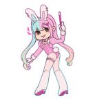  1girl animal_ear_hairband animal_ears blue_hair boots bow bowtie breasts brown_eyes cleavage cleavage_cutout clothing_cutout commentary cropped_jacket ear_piercing earrings english_commentary facial_mark fake_animal_ears fang full_body gloves hair_ornament hairband heart heart_cutout heart_facial_mark heart_hair_ornament high_heel_boots high_heels highres holding holding_wand jacket jewelry juliet_sleeves leotard long_hair long_sleeves mismatched_eyebrows momo_(o3ohi) multicolored_hair multicolored_outline no_sclera o3ohi open_clothes open_jacket open_mouth original outline piercing pink_bow pink_bowtie pink_hair pink_jacket pink_leotard playboy_bunny puffy_sleeves rabbit_ear_hairband rabbit_ears simple_background smile solo split-color_hair thigh_strap twintails wand white_background white_boots white_gloves white_hairband 